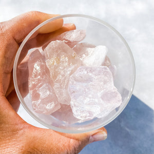 rose quartz crystal raw stone in frosted glass home decor australia