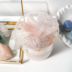 rose quartz crystal raw stone in frosted glass home decor australia