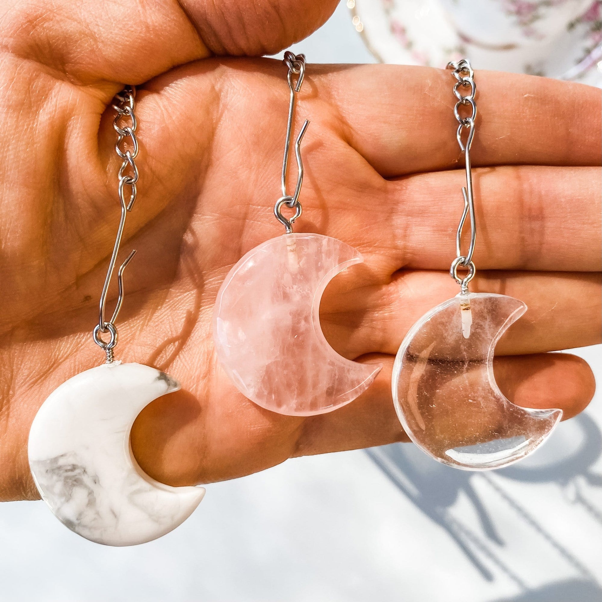 crystal stone moon shaped tea strainer infuser white howlite rose quartz clear quartz australia gemrox