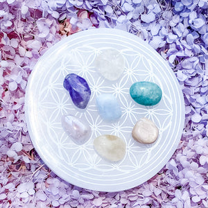 These beautiful Selenite Charging Plates with a flower of life pattern are perfect to use for charging your crystals. Placing your crystals on the charging plate will cleanse and recharge them of their existing energy. These can also be used for Crystal Grid Work.